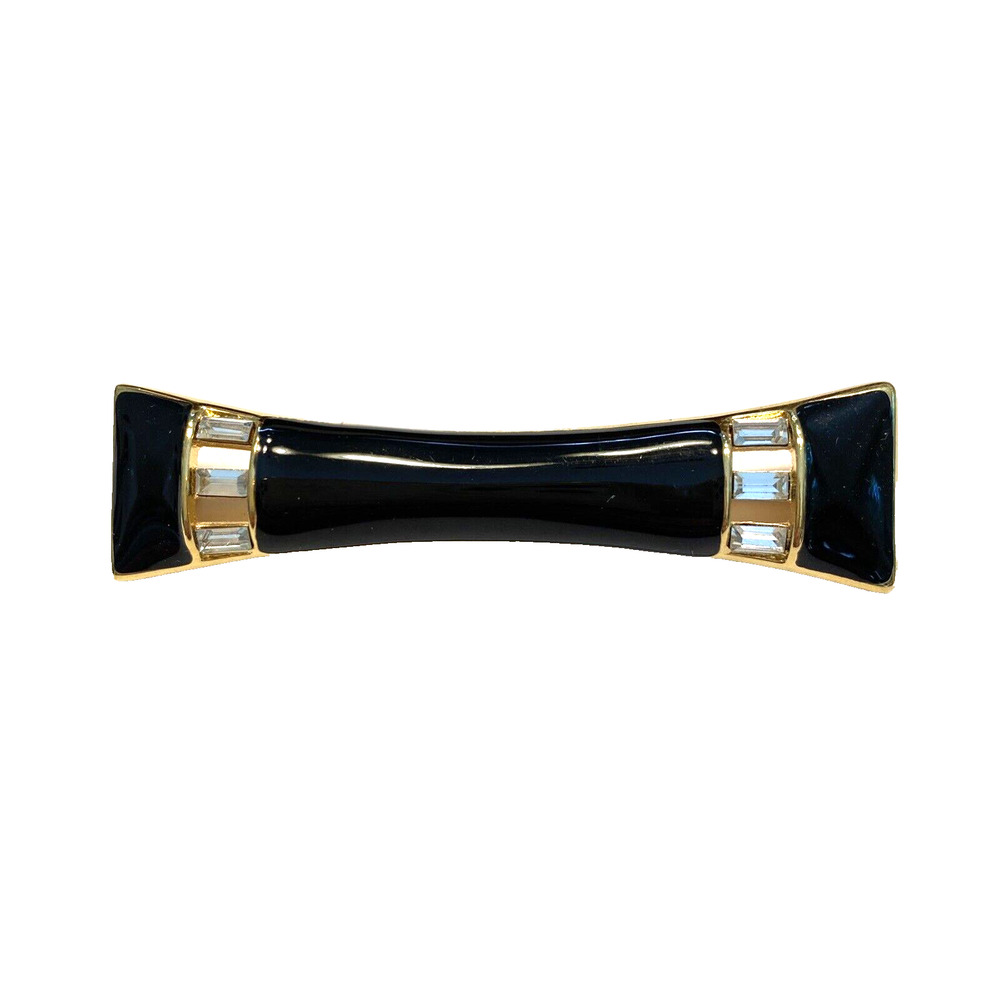 Vintage 1980’s Monet Bar Brooch Gold Black Enamel White Rhinestones Bow Tie Pin